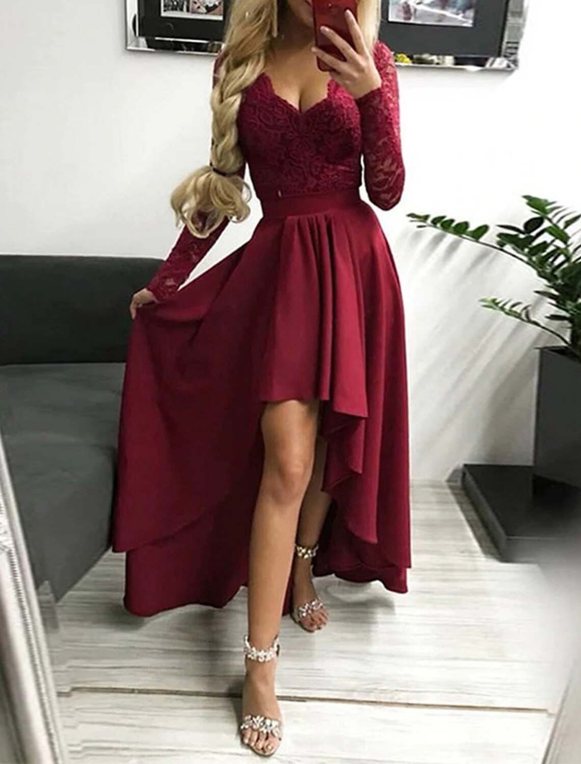 Vestido de fiesta elegante de corte A, asimétrico, de manga larga, con escote en V, para invitada de boda de otoño, de poliéster con color puro.